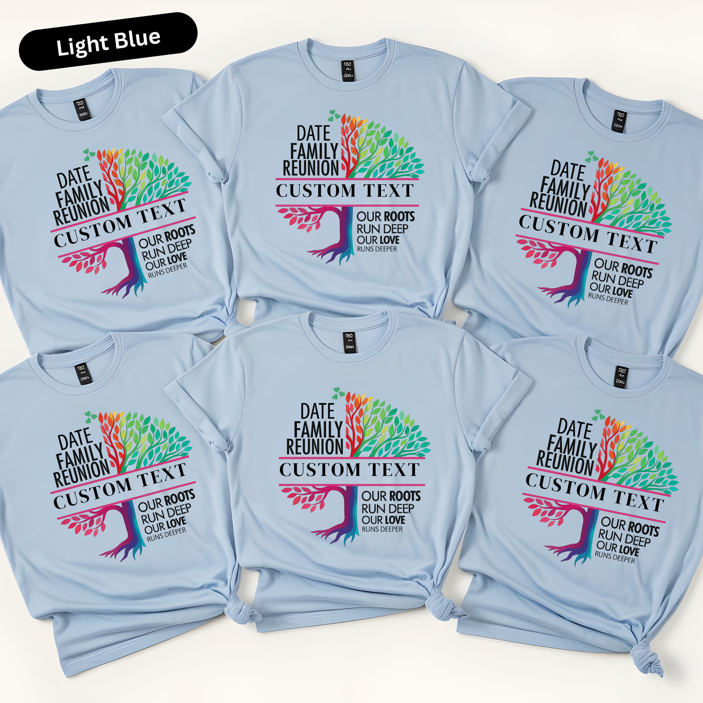 Light blue t-shirts with family reunion design and customizable text on a white background