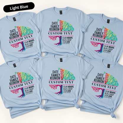Light blue t-shirts with family reunion design and customizable text on a white background