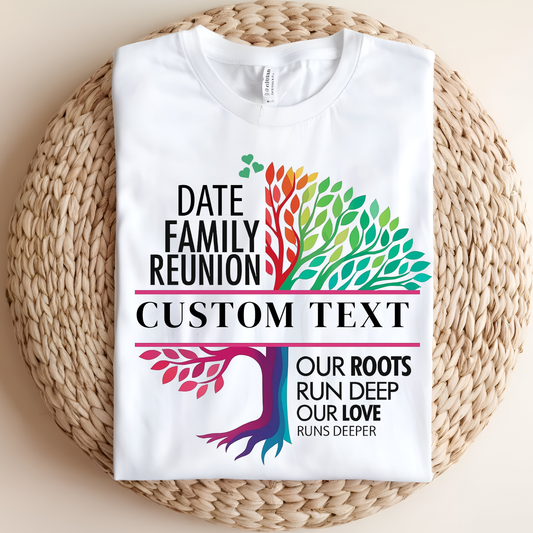 White t-shirt with colorful family reunion design on a woven mat