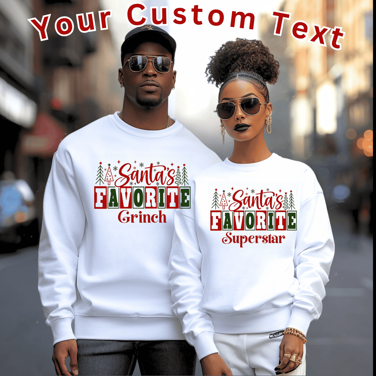 Custom "Santa's Favorite" Christmas Shirt  | Matching Family Holiday Tee Customizable white crewneck sweatshirts featuring a festive 'Santa's Favorite' Christmas graphic for Grandma, Daddy, and family holiday matching.