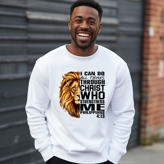 Man wearing a white Christian faith sweater with "I can do all things through Christ who strengthens me" and Lion of Judah design. Inspirational Christian and Christian Faith Sweater along with a Lion of Judah 