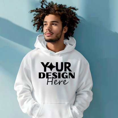 White hoodie with 'Your Design Here' text on a blue background
