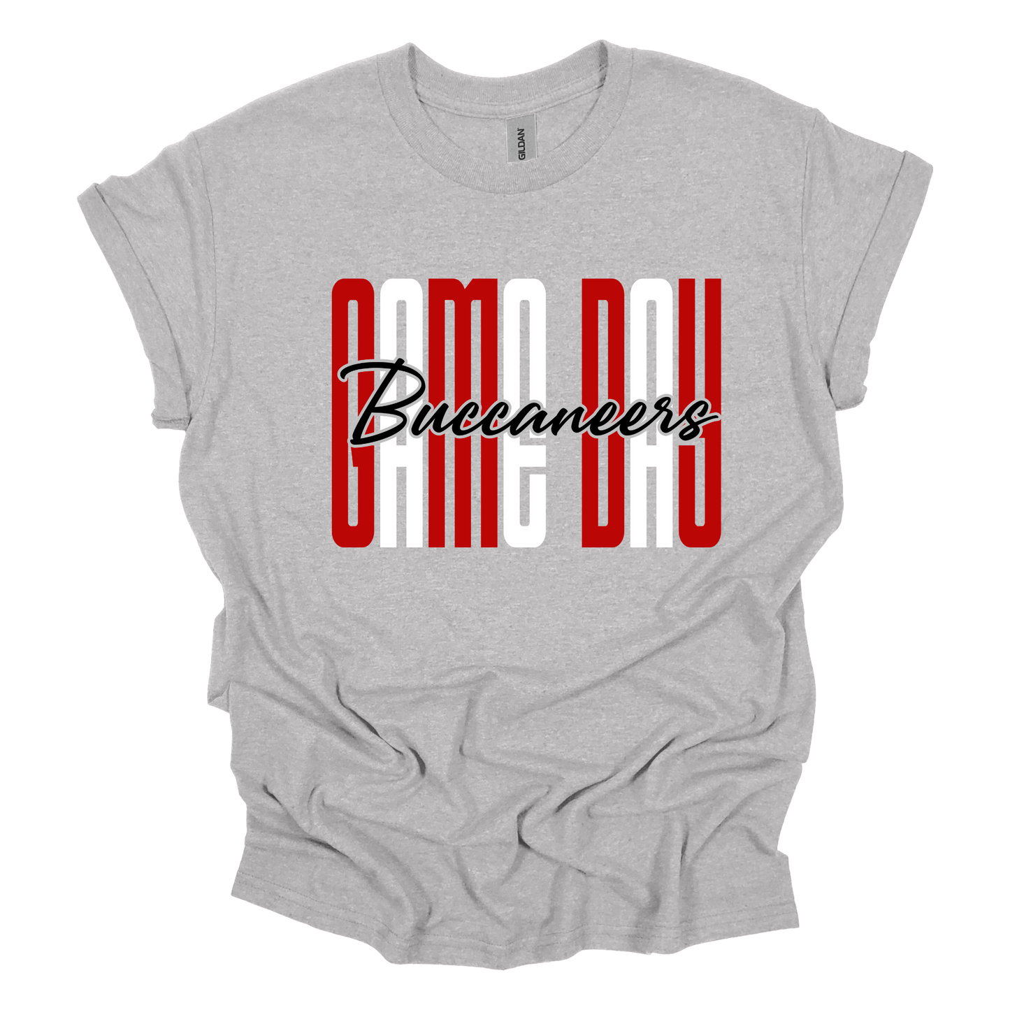 A heather gray short-sleeve t-shirt with a graphic on the front that reads 'Camo Day Buccaneers' in red, white, and black.