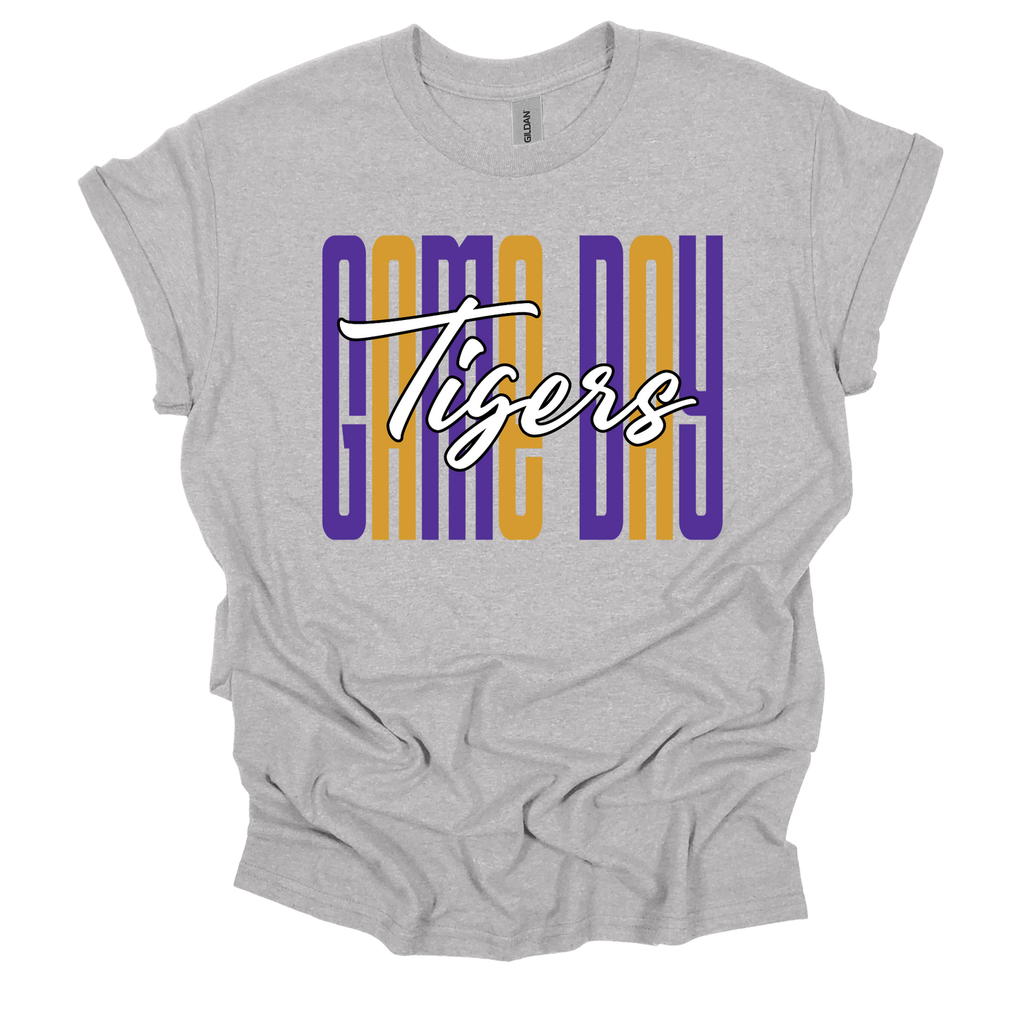 A heather gray short-sleeve t-shirt with a 'Game Day Tigers' graphic on the chest. The graphic features the words 'GAME DAY' in a vertical block pattern of purple and gold, overlaid with 'Tigers' in a white cursive script.