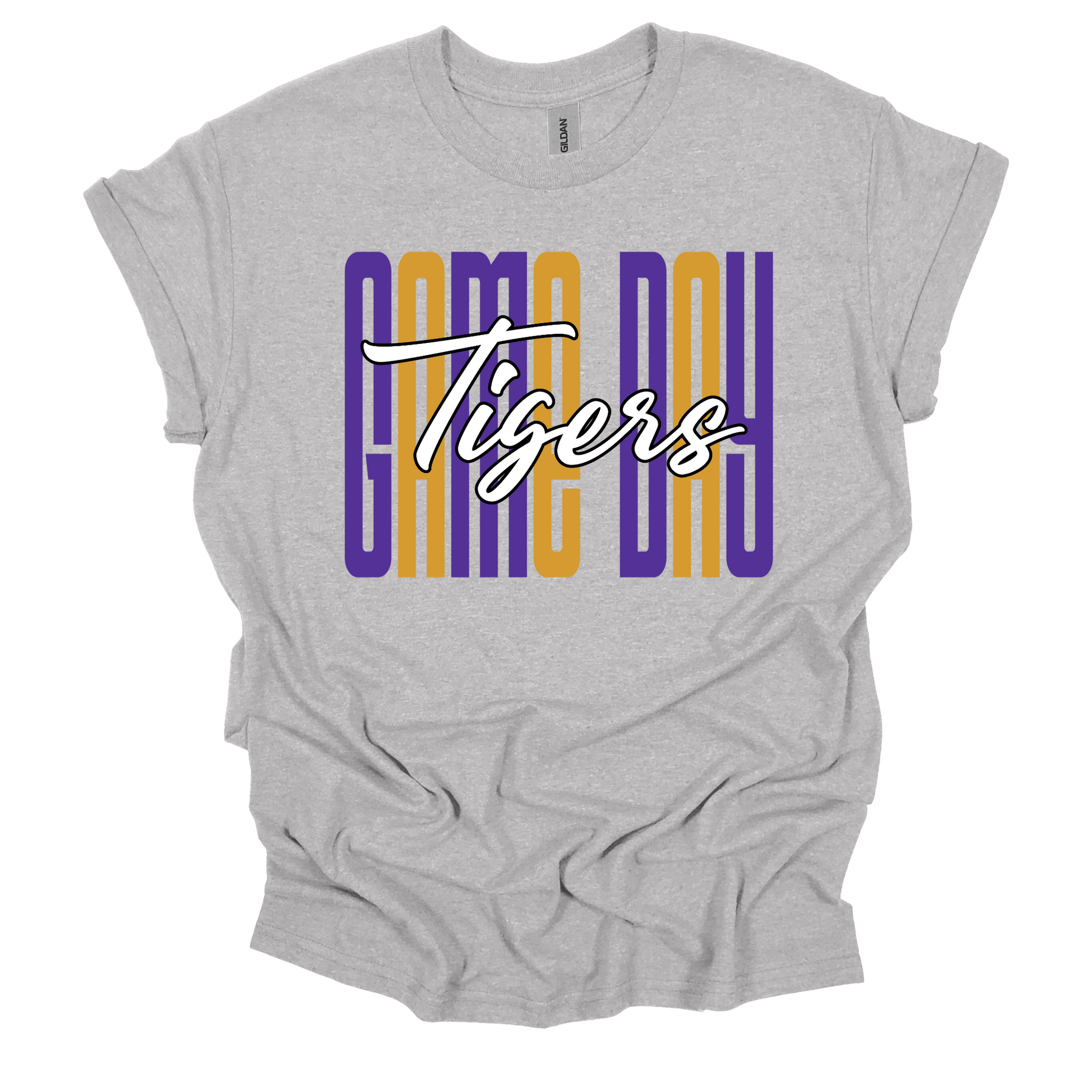 A heather gray short-sleeve t-shirt with a 'Game Day Tigers' graphic on the chest. The graphic features the words 'GAME DAY' in a vertical block pattern of purple and gold, overlaid with 'Tigers' in a white cursive script.