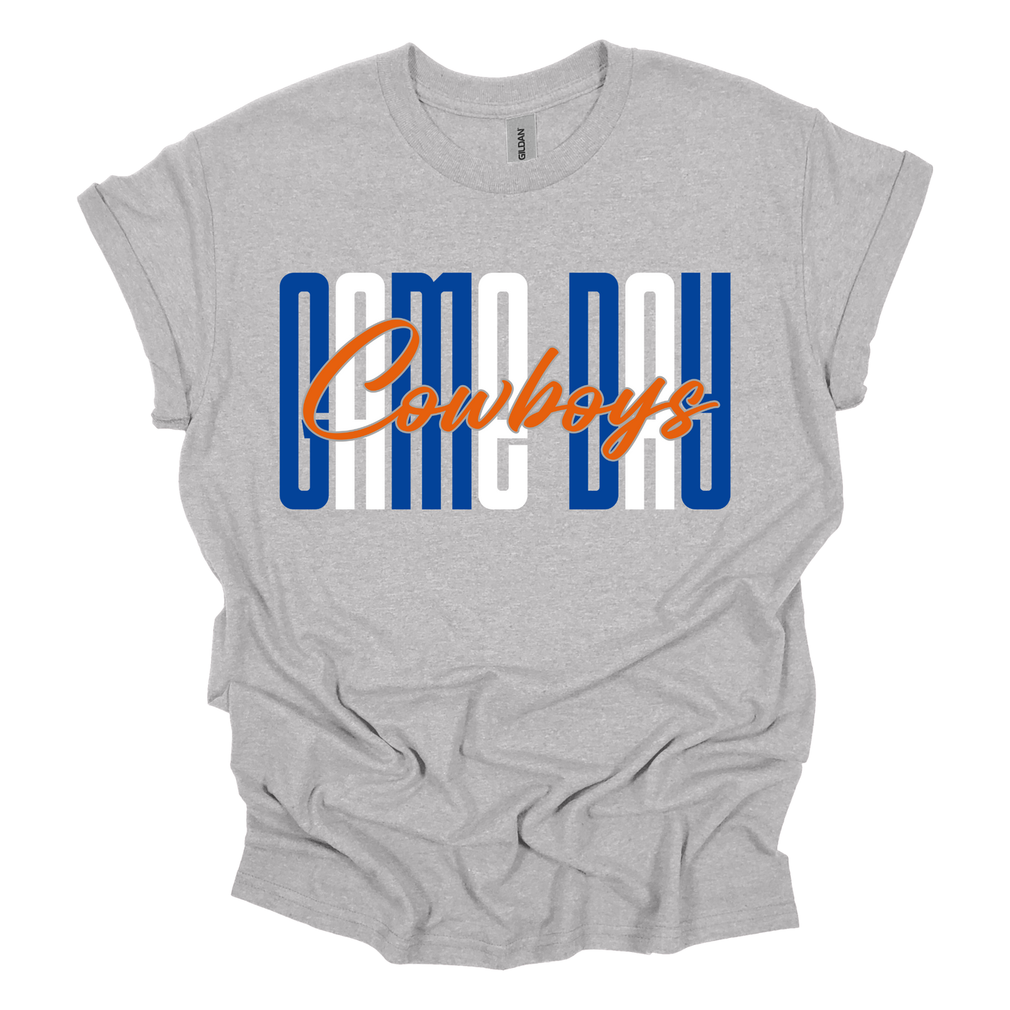 A heather gray short-sleeve t-shirt with a 'COWBOYS' graphic on the chest. The graphic features the word 'COWBOYS' in orange script overlaid on top of the letters 'CAME BOY' in a vertical stack of blue and white.