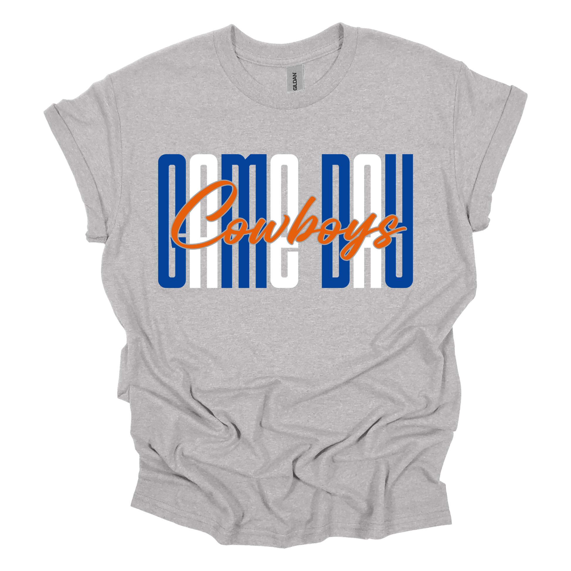 A heather gray short-sleeve t-shirt with a 'COWBOYS' graphic on the chest. The graphic features the word 'COWBOYS' in orange script overlaid on top of the letters 'CAME BOY' in a vertical stack of blue and white.