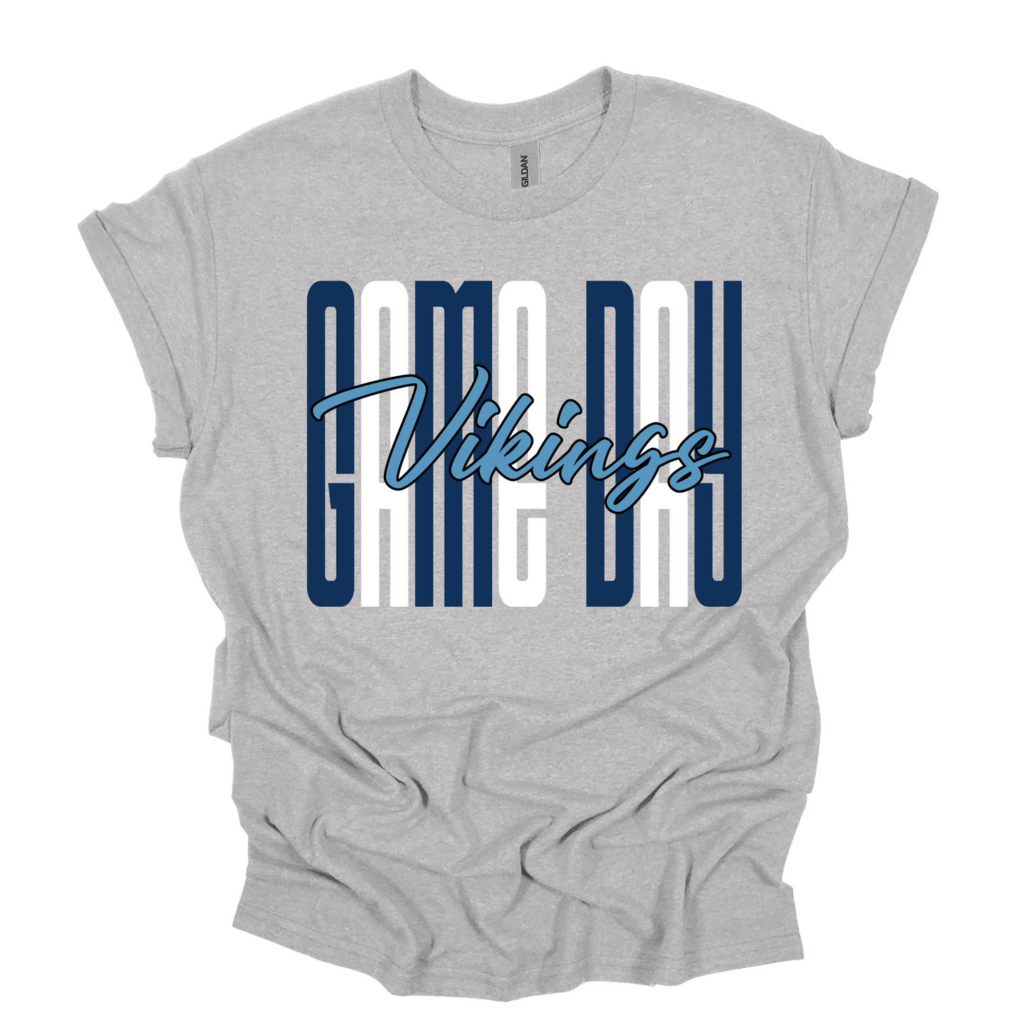 A heather gray short-sleeve t-shirt with a graphic on the front reading 'GAME DAY Vikings' in navy blue and white block letters and script.