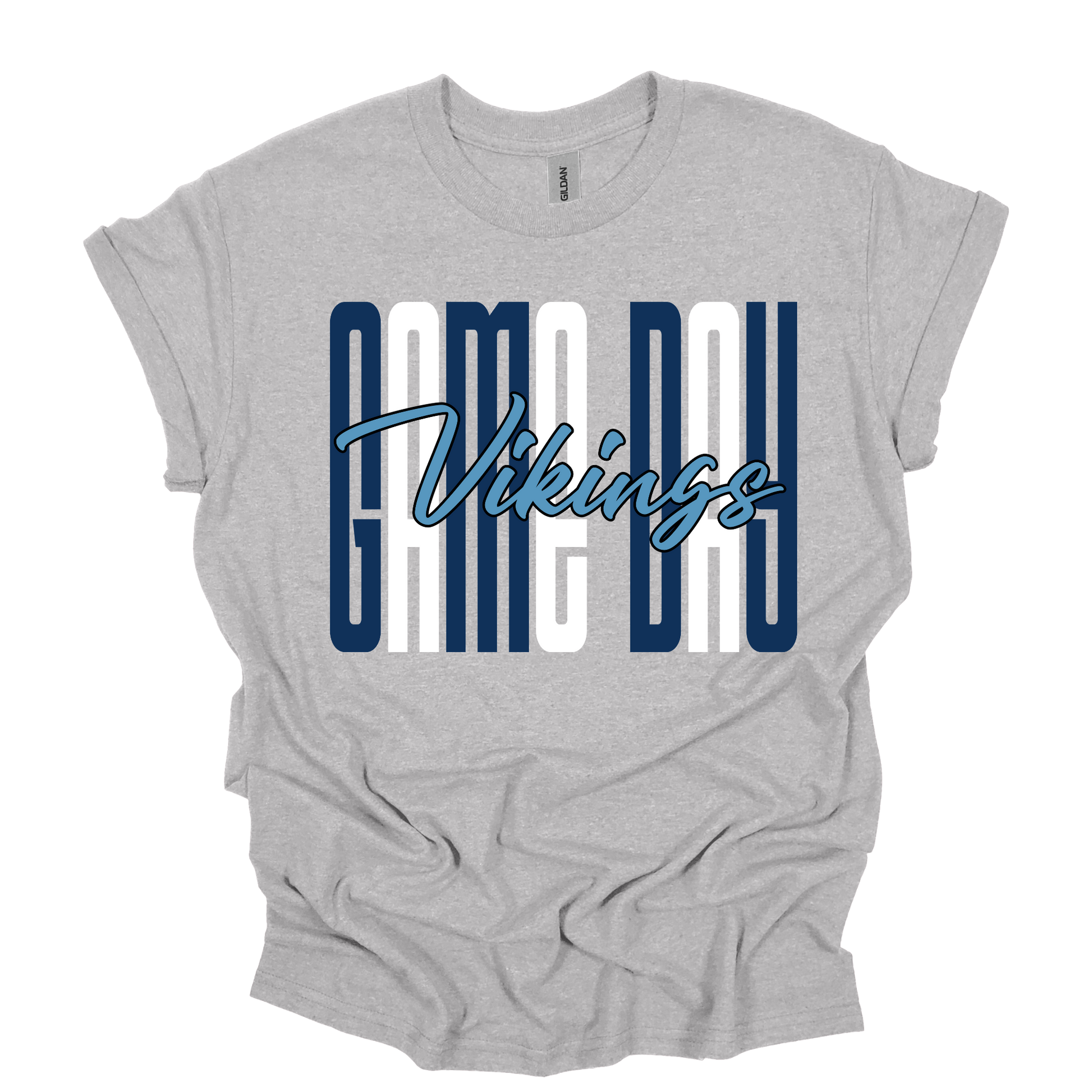 A heather gray short-sleeve t-shirt with a graphic on the front reading 'GAME DAY Vikings' in navy blue and white block letters and script.