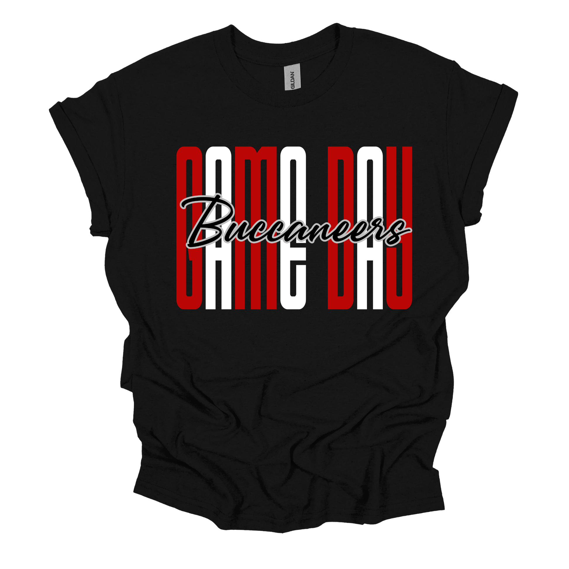 A black short-sleeve t-shirt with a graphic on the chest reading 'CAME DAY Buccaneers' in red, white, and black, displayed on a solid white background.