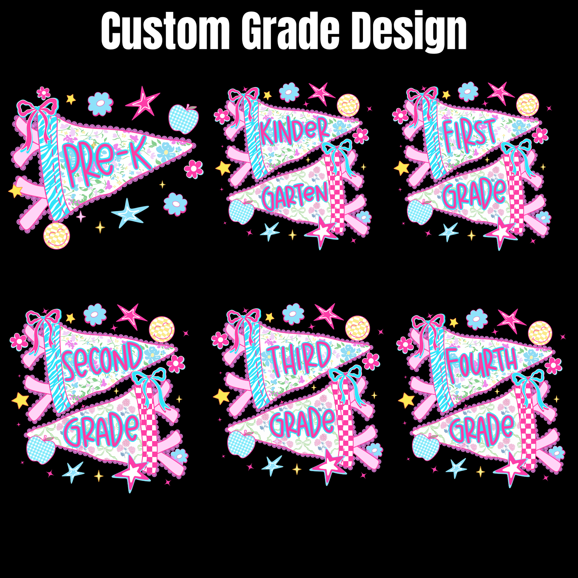 Six decorative 'Custom Grade Design' banner graphics arranged in two rows on a black background, with titles including Pre-K, Kinder Garden, First Grade, Second Grade, Third Grade, and Fourth Grade. Each banner is pink and blue with stars, hearts, and ribbon motifs.