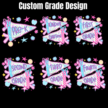 Six decorative 'Custom Grade Design' banner graphics arranged in two rows on a black background, with titles including Pre-K, Kinder Garden, First Grade, Second Grade, Third Grade, and Fourth Grade. Each banner is pink and blue with stars, hearts, and ribbon motifs.