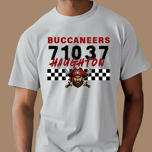 Gray t-shirt with Buccaneers logo and text on a brown background, Custom Mascot Shirt - Buccaneers Zip Code School Spirit Tee Shirt