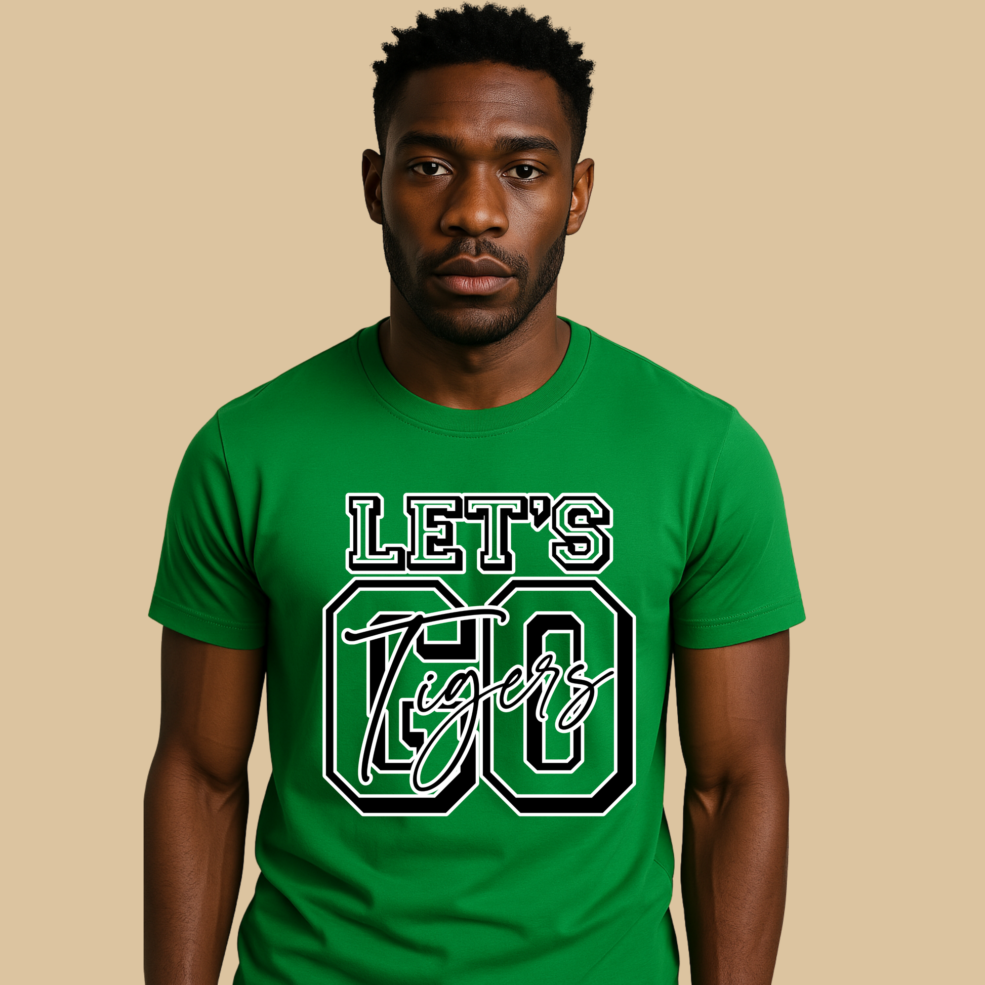 Man wearing a green t-shirt with 'Let's Go Tigers' text on a beige background Custom Mascot Shirt - Let's Go Tigers Game Day Spirit Wear