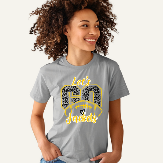 Woman wearing a gray t-shirt with 'Let's Go Jackets' design on a white background Custom Mascot Shirt - Lets Go Jackets Game Day Cool Spirit Tee
