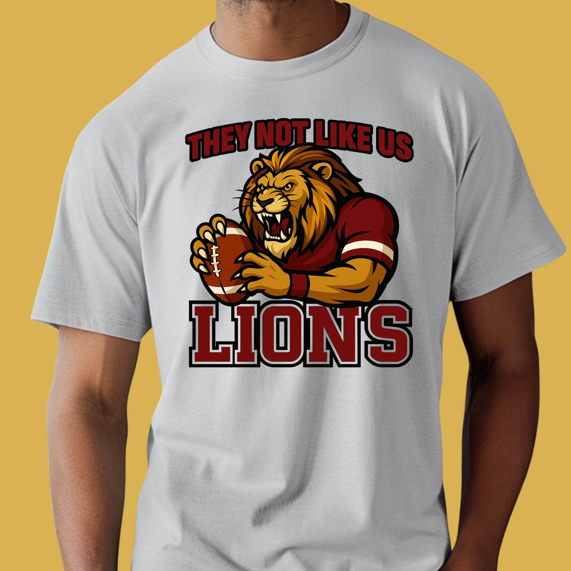 T-shirt with lion graphic and text on a yellow background Custom Mascot Shirt - Lions They Not Like Us Version 2 School Spirit Tee