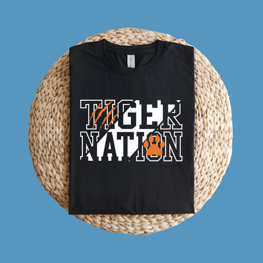 Black t-shirt with 'Tiger Nation' design on a woven mat Custom Mascot Shirt - Tiger Nation - School Spirit Tee Shirt