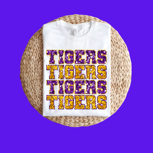 White t-shirt with 'Tigers Tigers Tigers' text in purple and yellow on a woven basket with a purple background, Custom Mascot Shirt - Tigers Faux Sequin School Spirit Tee Shirt
