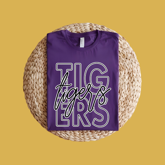 Purple t-shirt with 'TIGERS' text on a woven surface and yellow background Custom Mascot Shirt - Tigers Mascot Game Day Spirit Wear