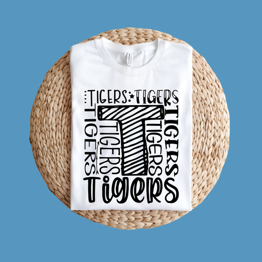 White t-shirt with Tigers logo and text on a woven surface, Custom Mascot Shirt - Tigers Pride Game Day Spirit Wear