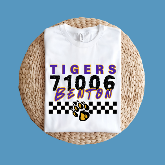 White t-shirt with American flag and 'Tigers' text on a woven surface with blue background, Custom Mascot Shirt - Tigers Zip Code School Spirit Tee Shirt