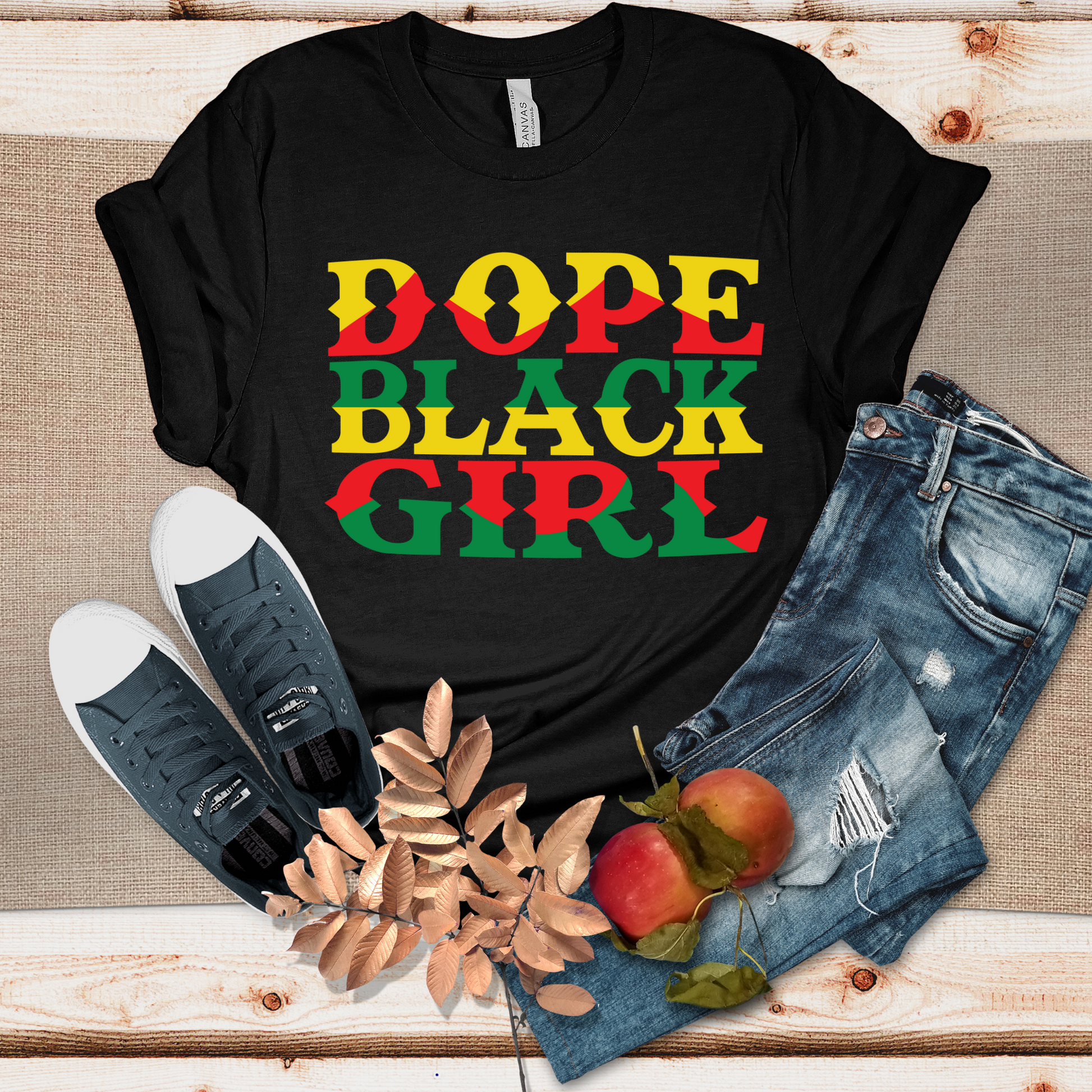Black Women wearing a "DOPE BLACK GIRL" T-shirt, celebrating Black heritage and empowerment. Bold, stylish lettering on a comfortable, black tee to celebrate black pride and culture