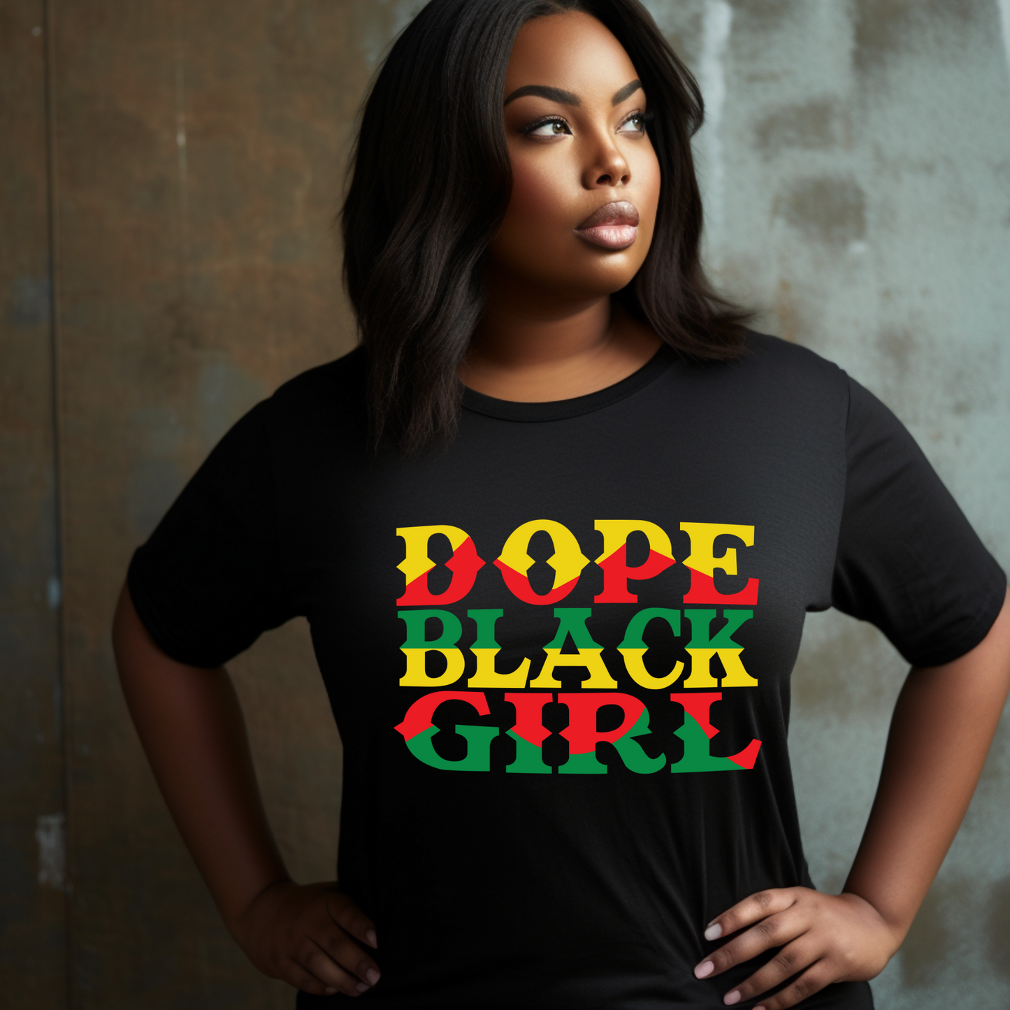 Black Women wearing a "DOPE BLACK GIRL" T-shirt, celebrating Black heritage and empowerment. Bold, stylish lettering on a comfortable, black tee to celebrate black pride and culture