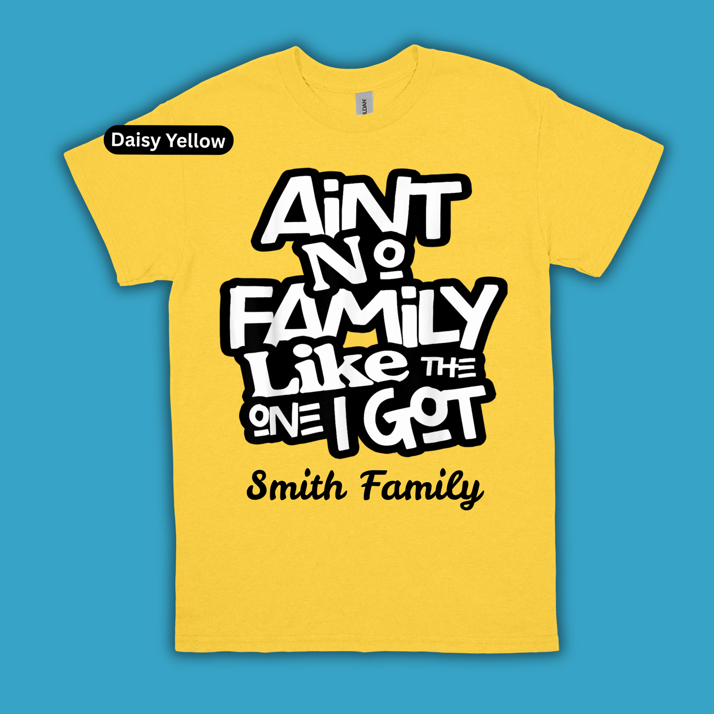 Yellow t-shirt with black and white text on a blue background