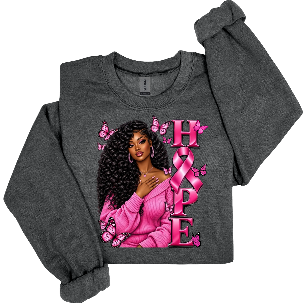 A dark heather gray long-sleeve sweatshirt with a graphic print of a woman with curly hair, pink butterflies, and the word 'HOPE' in pink with a pink ribbon. The sweatshirt is shown on a plain white background with one sleeve rolled up.