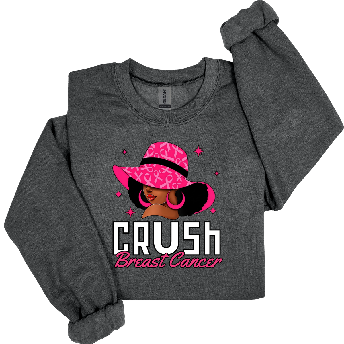 A dark heather gray long-sleeve sweatshirt with a graphic print of a woman in a pink leopard-print hat and the text 'CRUSH Breast Cancer'.