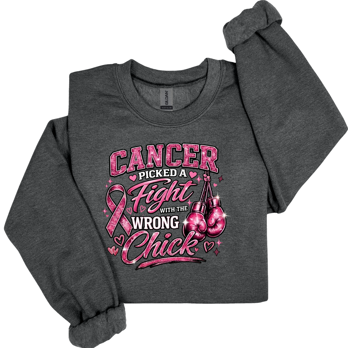 A dark heather gray long-sleeve t-shirt with a rolled-up sleeve, featuring a pink and white graphic print on the front that reads 'CANCER PICKED A Fight WITH THE WRONG Chick' alongside a pink awareness ribbon, hearts, and boxing gloves.
