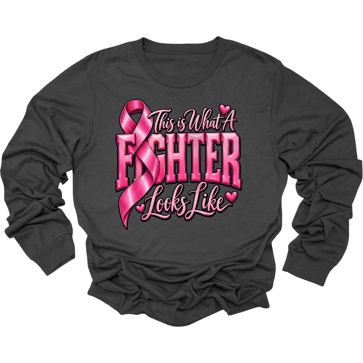 A dark charcoal gray long-sleeve t-shirt with a pink graphic on the front that reads 'This is What A FIGHTER Looks Like' with a pink ribbon and small hearts, shown on a plain white background.