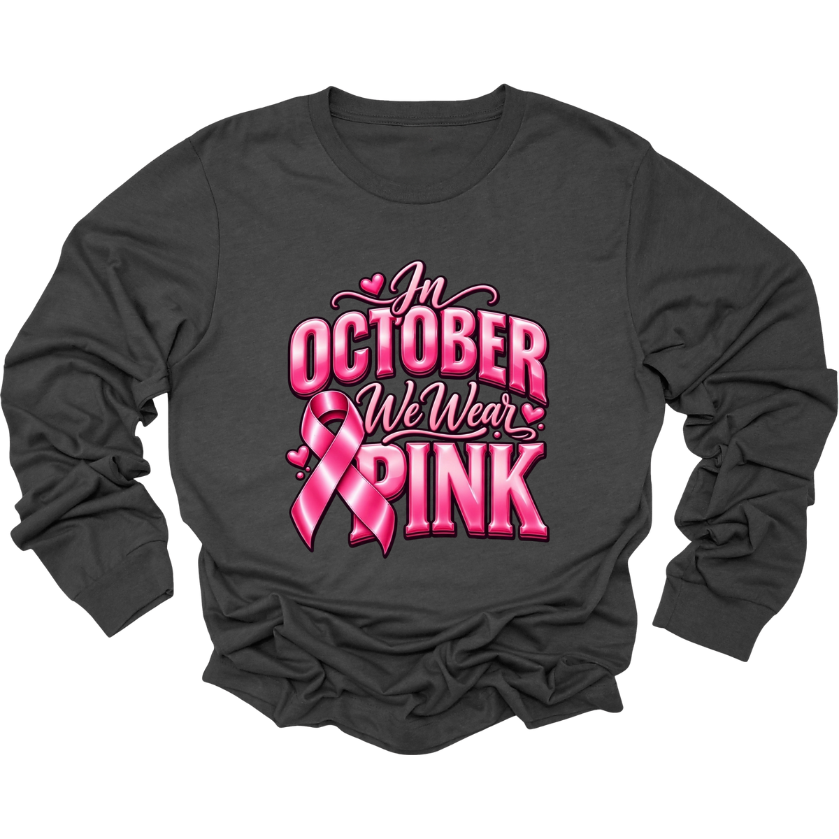 A dark charcoal gray long-sleeve t-shirt with a pink graphic on the front that reads 'In October We Wear Pink' with a pink ribbon design, displayed on a clean white background.