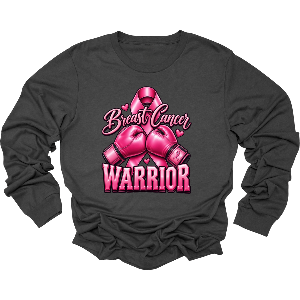 A dark charcoal gray long-sleeve t-shirt with a graphic on the front featuring a pink breast cancer ribbon, pink boxing gloves, and the words 'Breast Cancer WARRIOR' in pink and white lettering.