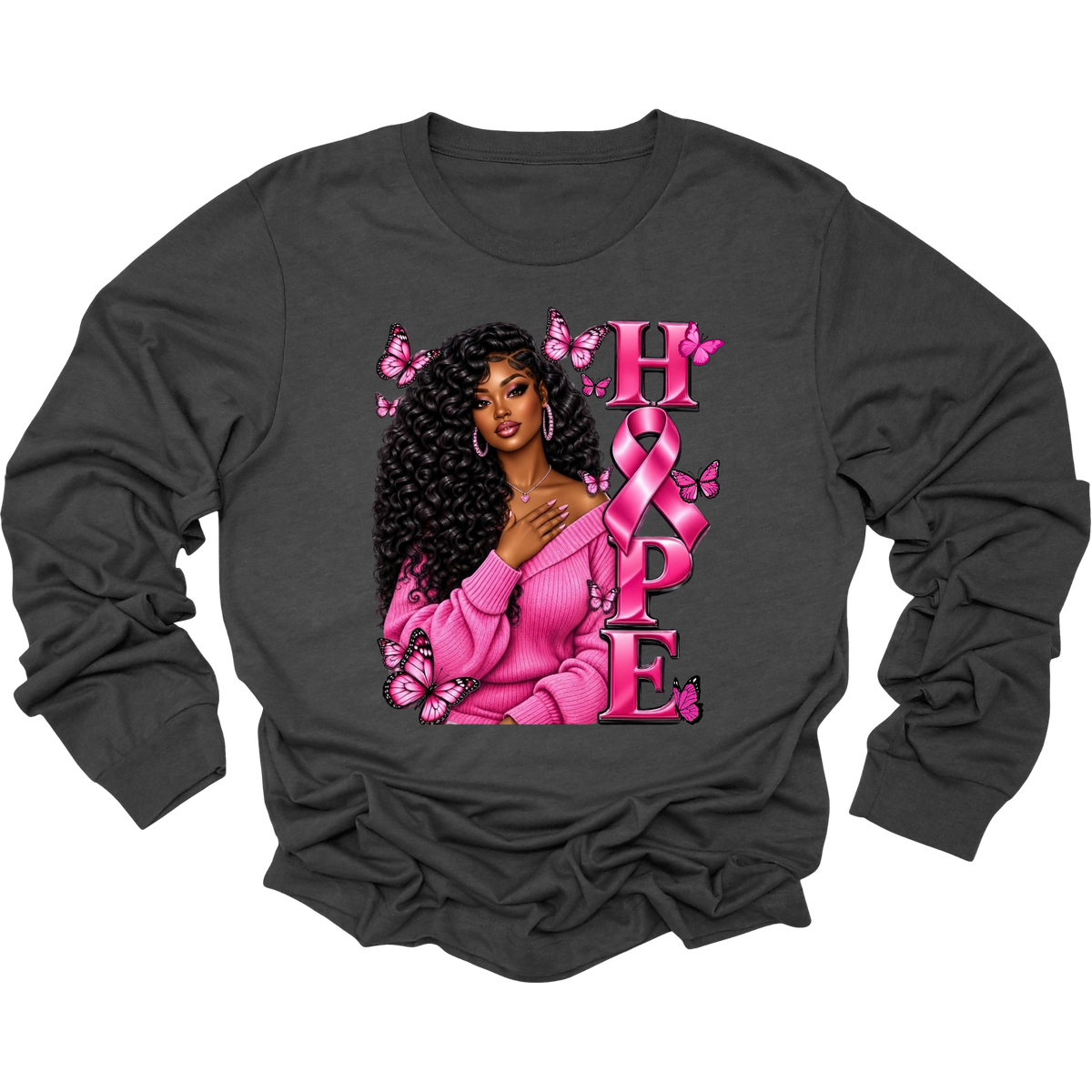 A dark gray long-sleeve crewneck sweatshirt featuring a graphic print of a Black woman with curly hair wearing a pink sweater, surrounded by pink butterflies and the word 'HOPE' in pink letters with a pink ribbon.
