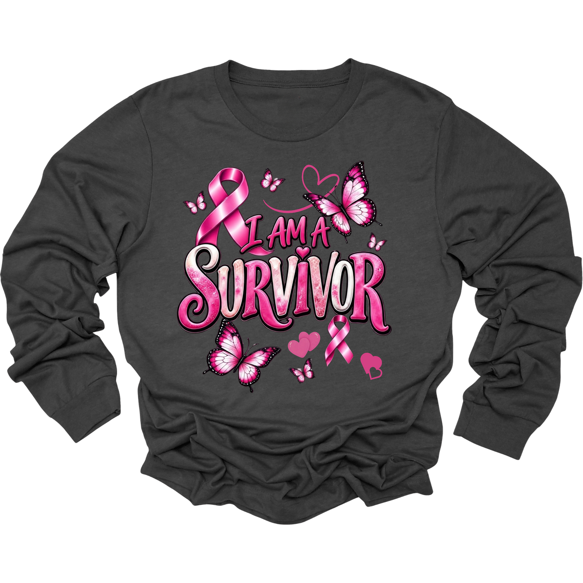 A dark gray long-sleeve t-shirt with a pink and white graphic on the front that reads 'I AM A SURVIVOR' with pink awareness ribbons, butterflies, and hearts, shown on a plain white background.