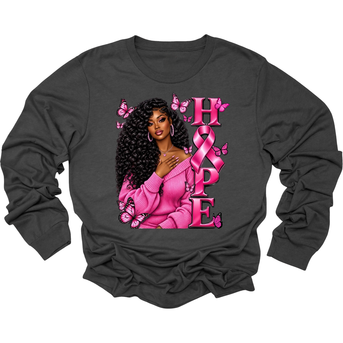 A dark charcoal gray long-sleeve crewneck sweatshirt featuring a large graphic print on the front. The graphic shows a Black woman with curly hair wearing a pink sweater, surrounded by pink butterflies, with the word 'HOPE' written vertically in pink letters with a pink ribbon.