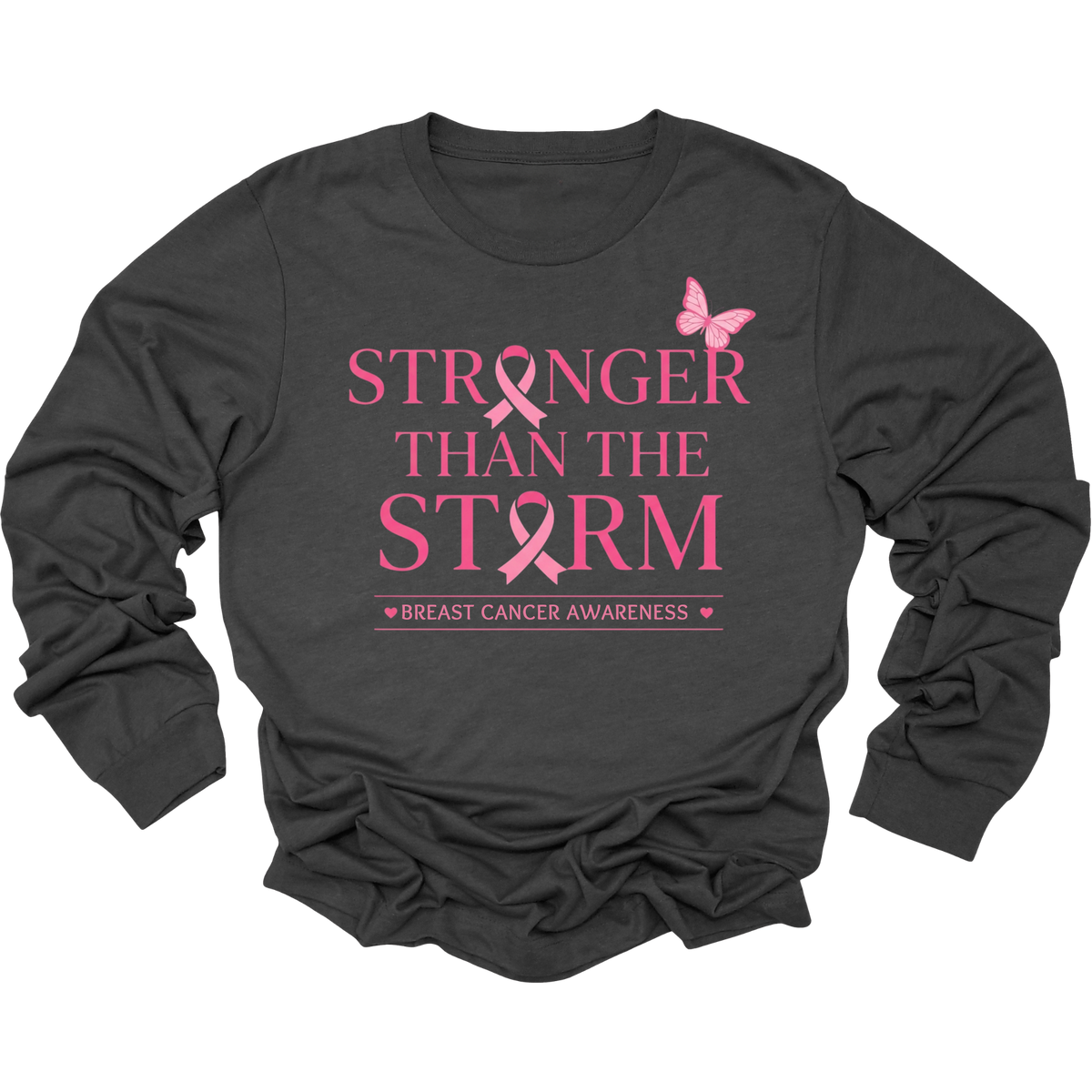 A dark charcoal gray long-sleeve t-shirt with a pink graphic on the front reading 'STRONGER THAN THE STORM' and 'BREAST CANCER AWARENESS' with a pink ribbon and butterfly.