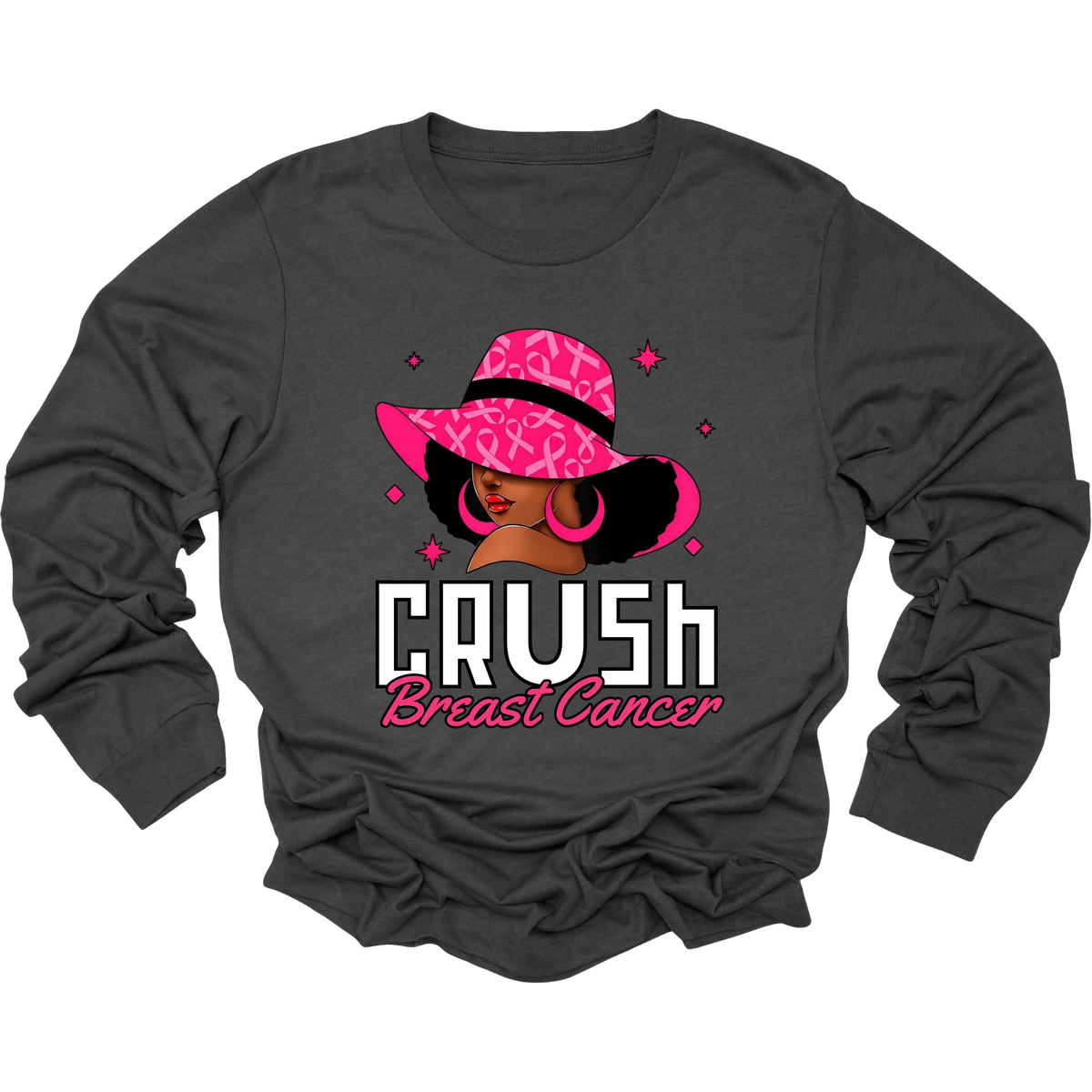 A dark gray long-sleeve t-shirt with a graphic on the front featuring a woman in a pink leopard-print hat and the text 'CRUSH Breast Cancer' in white and pink.