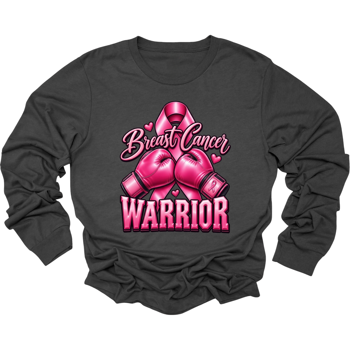 A dark charcoal gray long-sleeve t-shirt with a graphic on the front featuring a pink breast cancer ribbon, pink boxing gloves, and the words 'Breast Cancer WARRIOR' in pink and white.