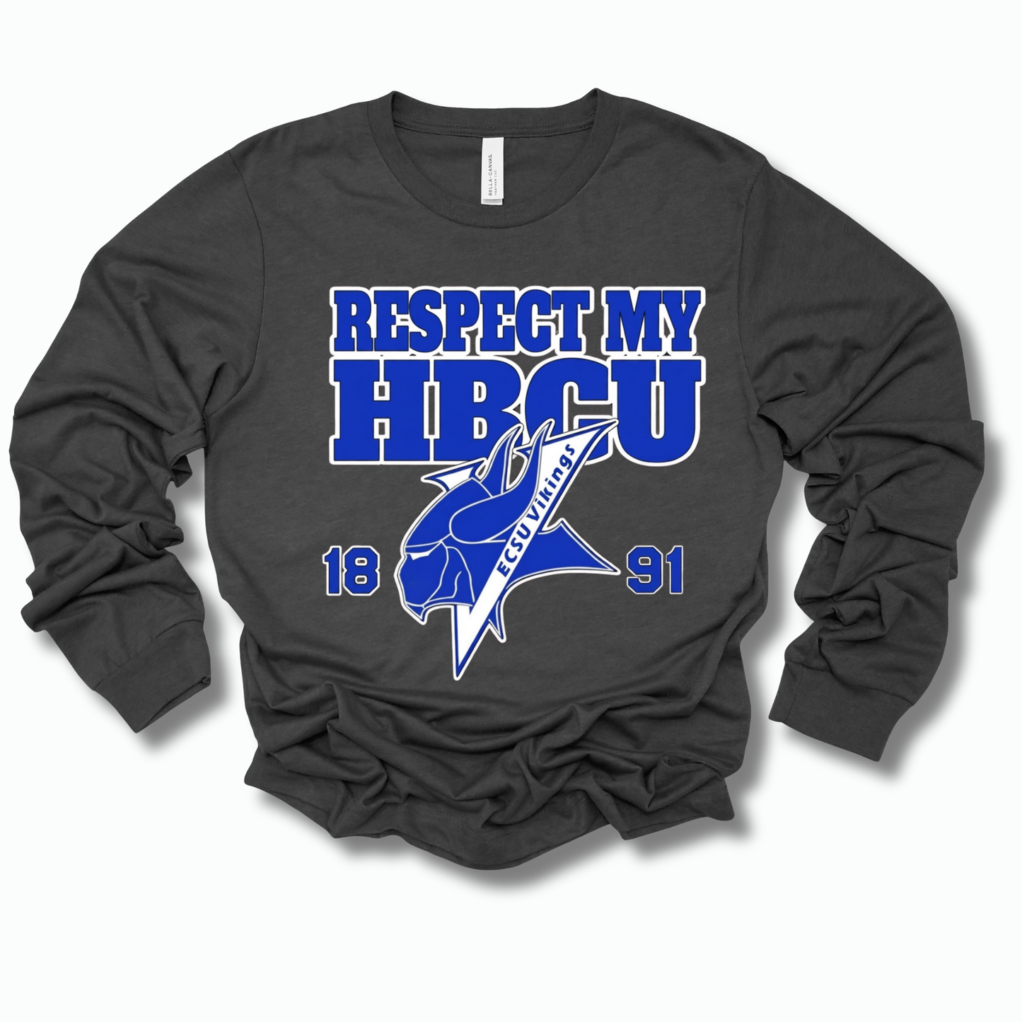 A dark charcoal gray long-sleeve t-shirt with a blue and white graphic print on the front reading 'RESPECT MY HBCU' with a mascot logo and '1891'.