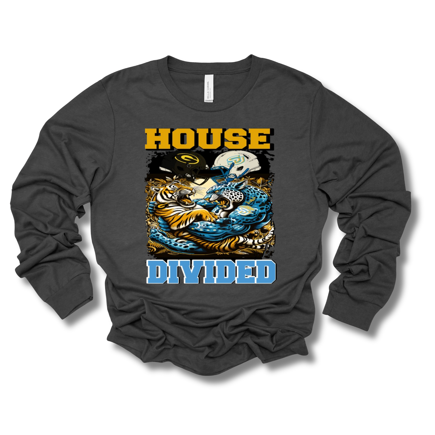 A dark charcoal gray long-sleeve t-shirt with a graphic print on the front. The graphic features the text 'HOUSE DIVIDED' in yellow and blue, surrounding a detailed illustration of a tiger and a skull with blue and yellow accents.