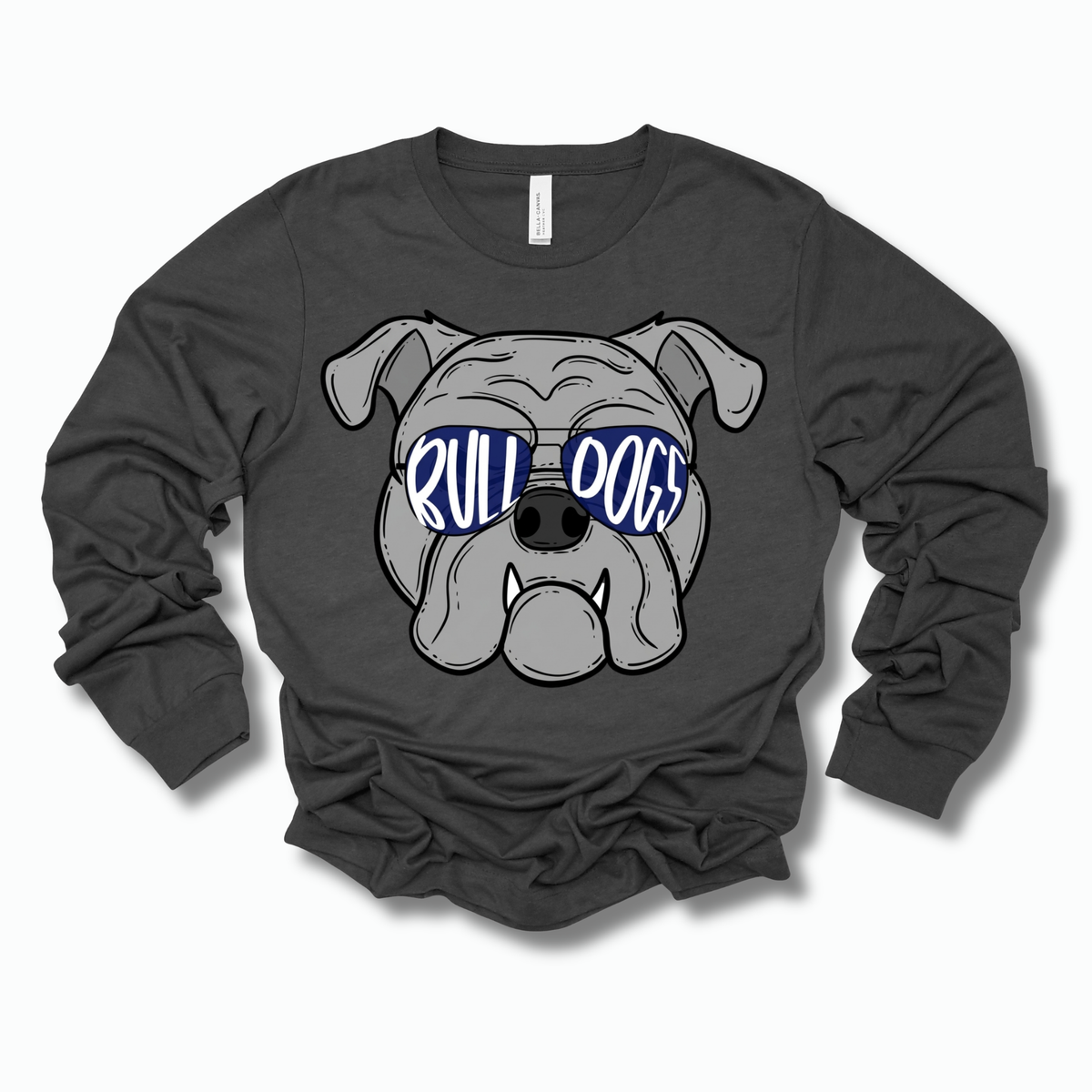 A dark charcoal gray long-sleeve t-shirt with a graphic of a bulldog wearing blue sunglasses that spell out 'RULL DOGS'.