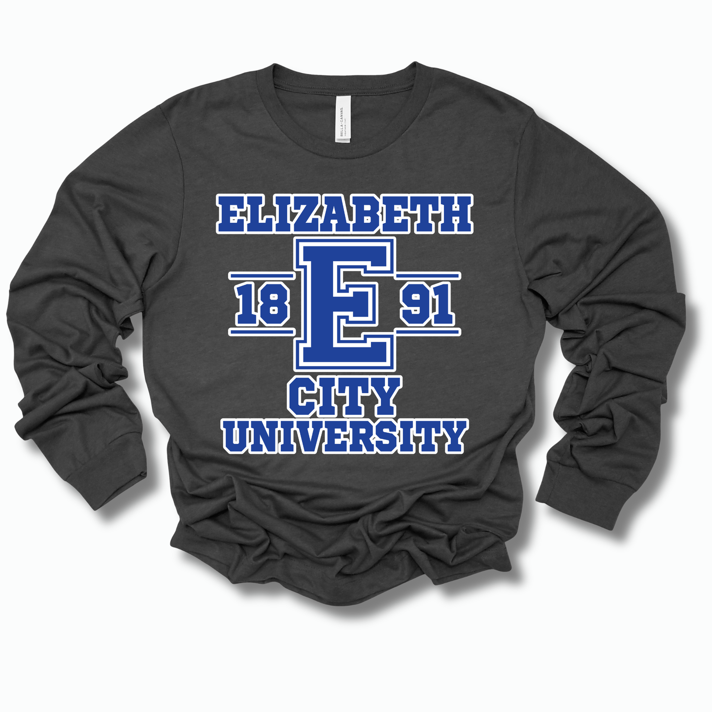 A dark charcoal gray long-sleeve t-shirt with a blue and white graphic print reading 'ELIZABETH 18 E 91 CITY UNIVERSITY' on the front, displayed against a clean white background.