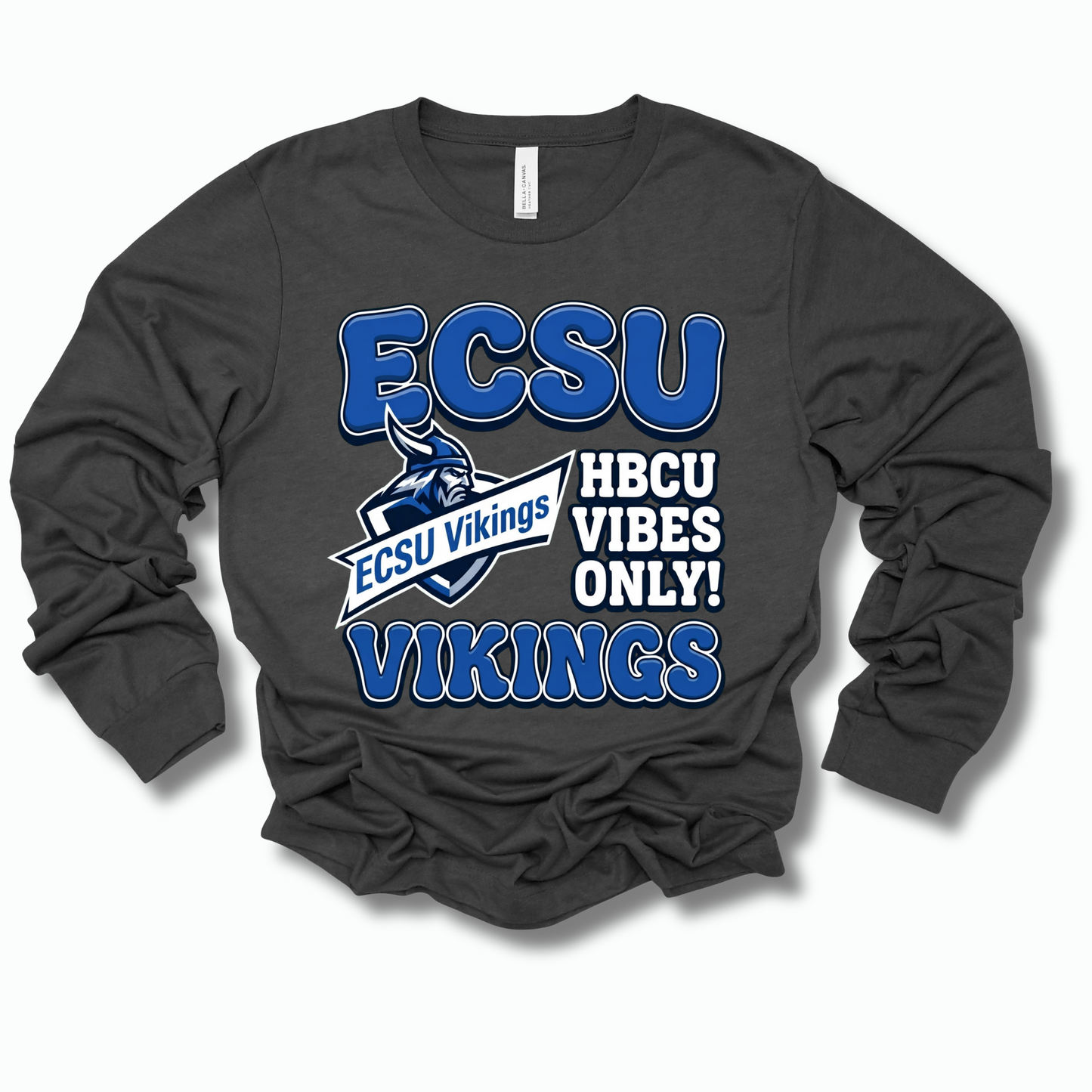 A dark charcoal gray long-sleeve t-shirt with a graphic print on the front. The graphic features the text 'ECSU' and 'VIKINGS' in blue with white outlines, a blue and white Viking mascot logo, and the text 'HBCU VIBES ONLY!' in white.
