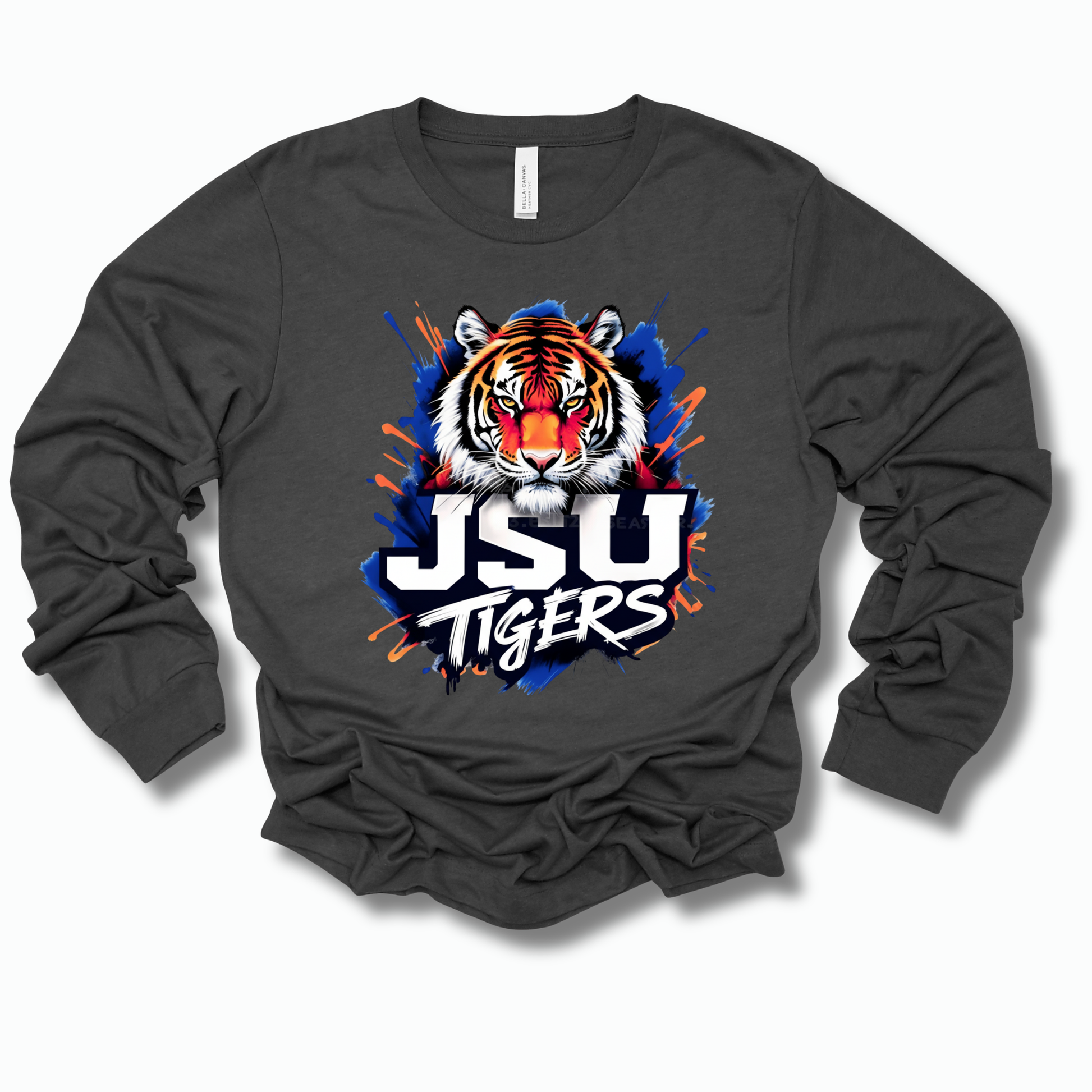 A dark charcoal gray long-sleeve t-shirt with a vibrant graphic of a tiger's face and the text 'JSU TIGERS' in white, blue, and orange, displayed on a clean white background.