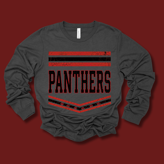 A dark gray long-sleeve t-shirt with a 'Vikings Airline' graphic print, laid flat on a solid blue background.