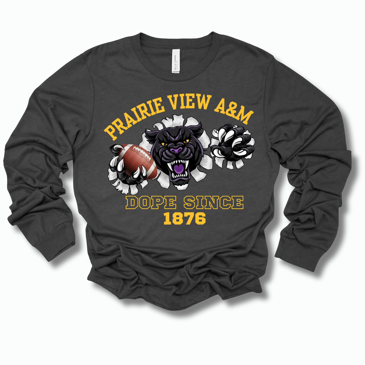 A dark charcoal gray long-sleeve t-shirt with a graphic print of a black panther mascot, a football, and white ram horns. The text reads 'PRAIRIE VIEW A&M' in yellow arching above the graphic, and 'DOPE SINCE 1876' below it.