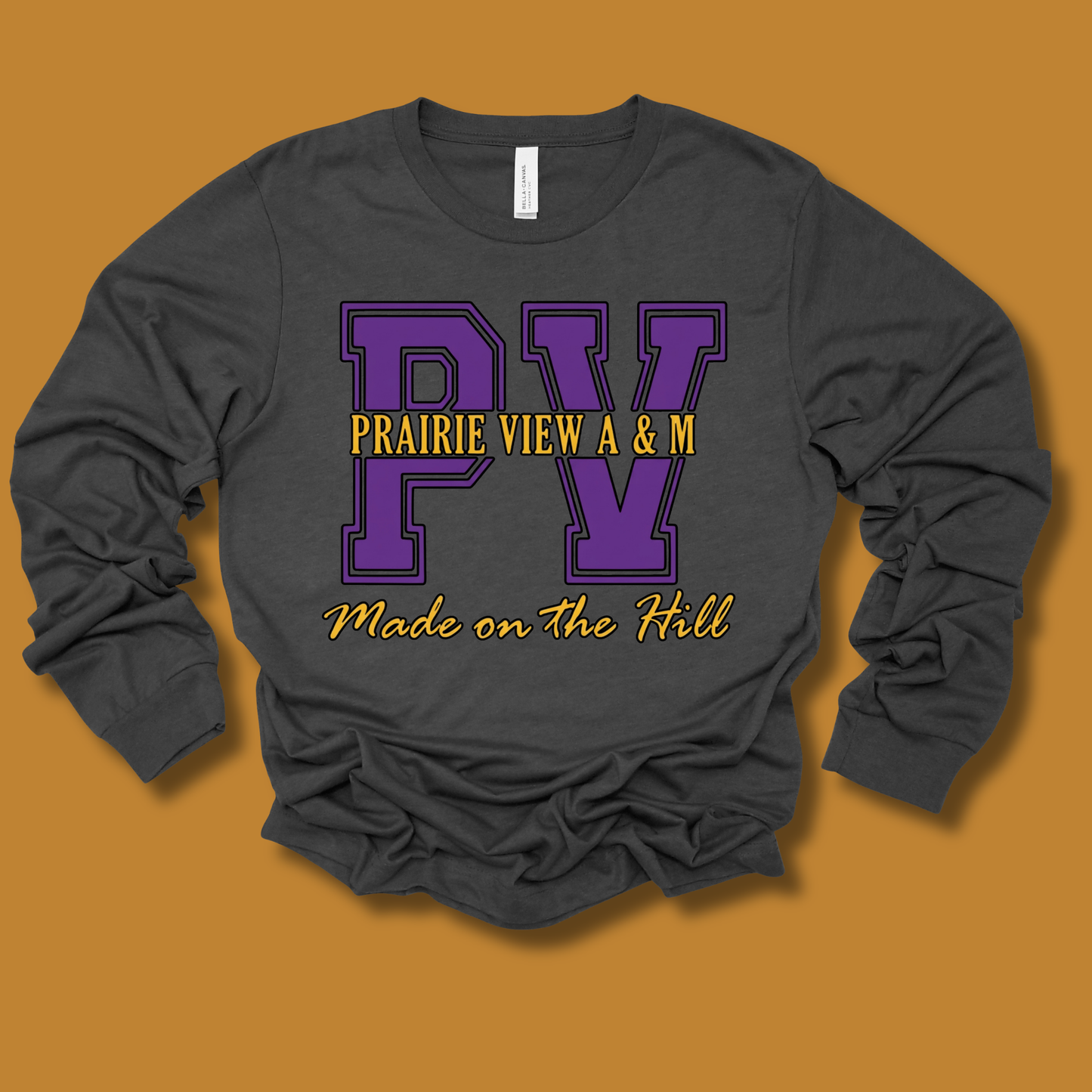 A dark gray long-sleeve t-shirt with a graphic print on the front, laid flat against a solid orange-brown background. The graphic features large purple varsity letters 'PV' with 'PRAIRIE VIEW A & M' in yellow text across the middle and 'Made on the Hill' in yellow script below.