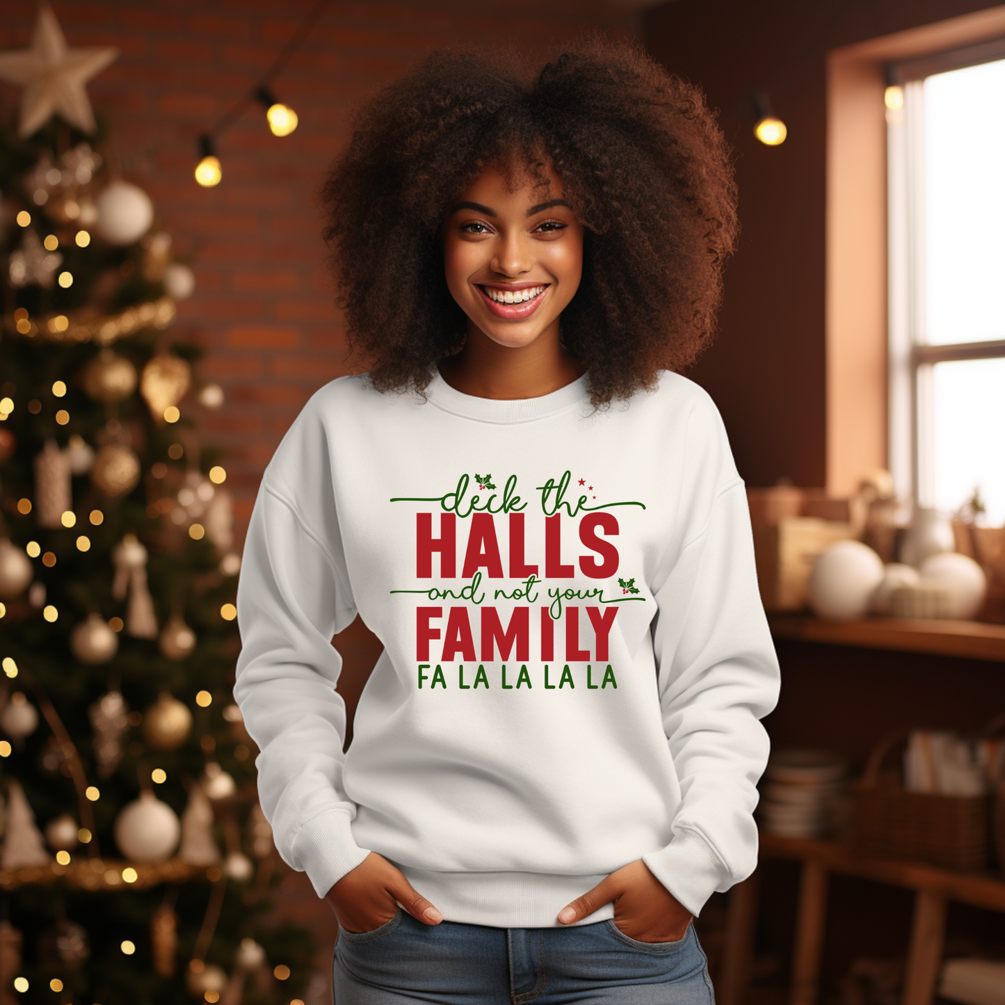 Woman wearing a festive sweater with Christmas-themed text in a decorated room.